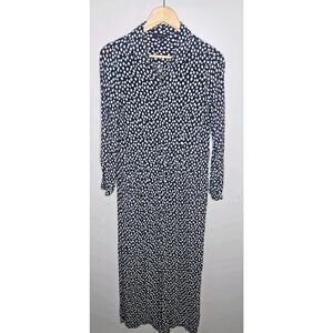 Cortefiel Womens Jumpsuit Small Navy White Print Wide Leg Button Up Midi Romper